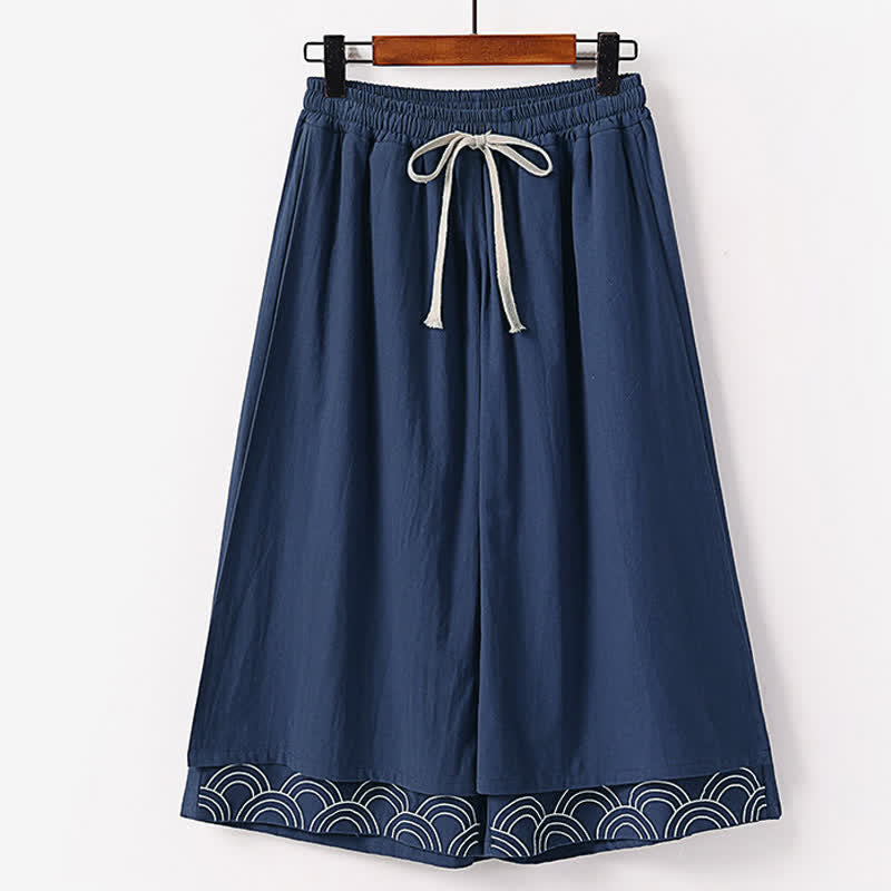Buddha Stones Summer Embroidery Capri Length Cotton Linen Men's Wide Leg Pants With Pockets - Navy - US/UK/AU50,EU60 (7XL) - image 0