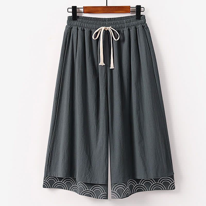Buddha Stones Summer Embroidery Capri Length Cotton Linen Men's Wide Leg Pants With Pockets - SlateGray - US/UK/AU50,EU60 (7XL) - image 2