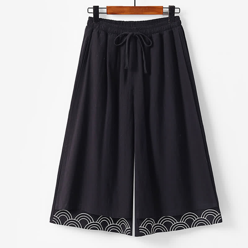 Buddha Stones Summer Embroidery Capri Length Cotton Linen Men's Wide Leg Pants With Pockets - Black - US/UK/AU50,EU60 (7XL) - image 3
