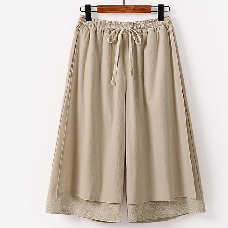 Buddha Stones Summer Embroidery Capri Length Cotton Linen Men's Wide Leg Pants With Pockets - Tan - US/UK/AU50,EU60 (7XL) - image 4
