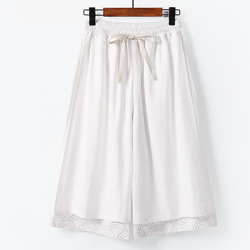 Buddha Stones Summer Embroidery Capri Length Cotton Linen Men's Wide Leg Pants With Pockets - White - US/UK/AU50,EU60 (7XL) - image 1