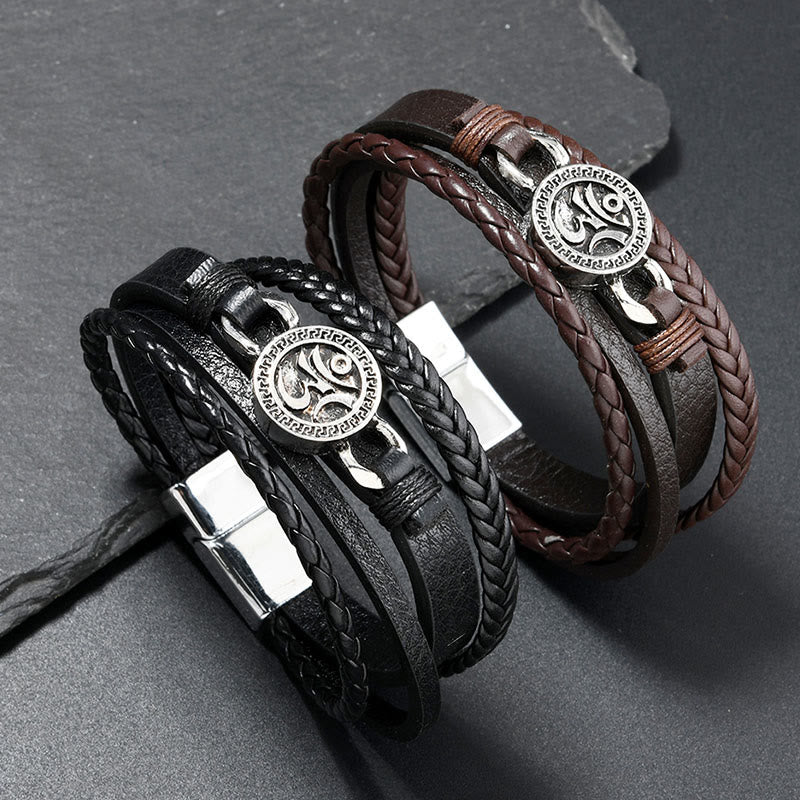 Buddha Stones Om Round Engraved Multilayered Braided Retro Leather Bracelet - image 0