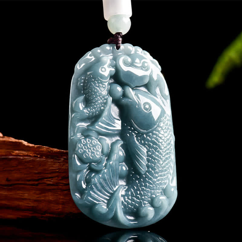 Buddha Stones Natural Jade Carving Double Koi Fish Rope Prosperity Necklace Pendant - Koi Fish - Natural Jade(Color May Vary) - image 0