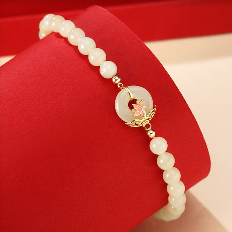 Buddha Stones 925 Sterling Silver Hetian White Jade Lotus Symbol Peace Buckle Harmony Beaded Bracelet - image 1
