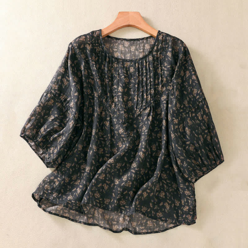 Buddha Stones Commute Floral Crew Neck Pleated Design Puff Short Sleeve Women's T-Shirt - Black - US8-10,UK/AU12-14,EU40-42 (2XL) - image 7