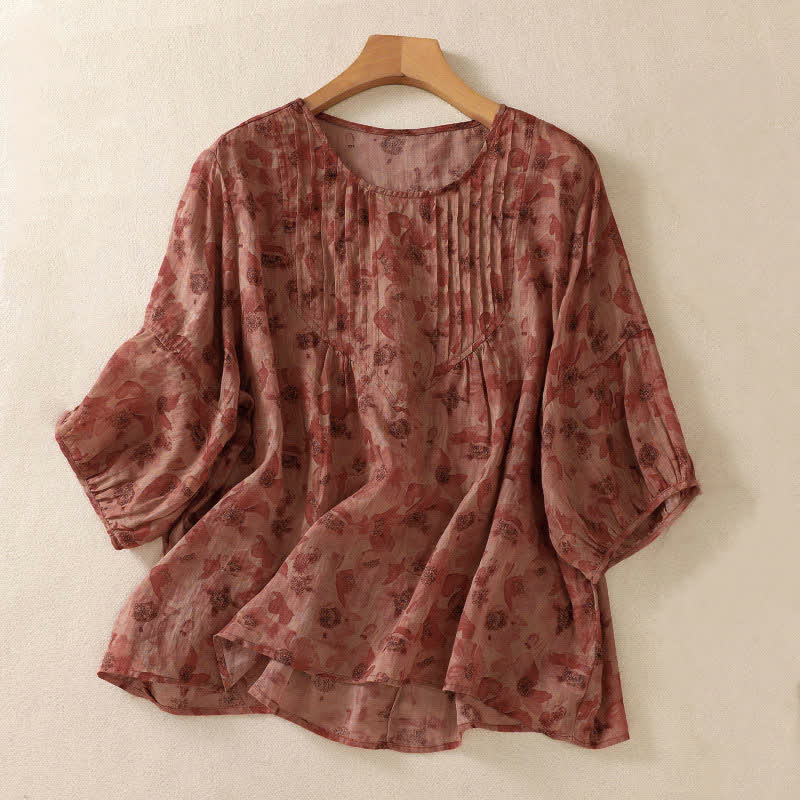 Buddha Stones Commute Floral Crew Neck Pleated Design Puff Short Sleeve Women's T-Shirt - IndianRed - US8-10,UK/AU12-14,EU40-42 (2XL) - image 12