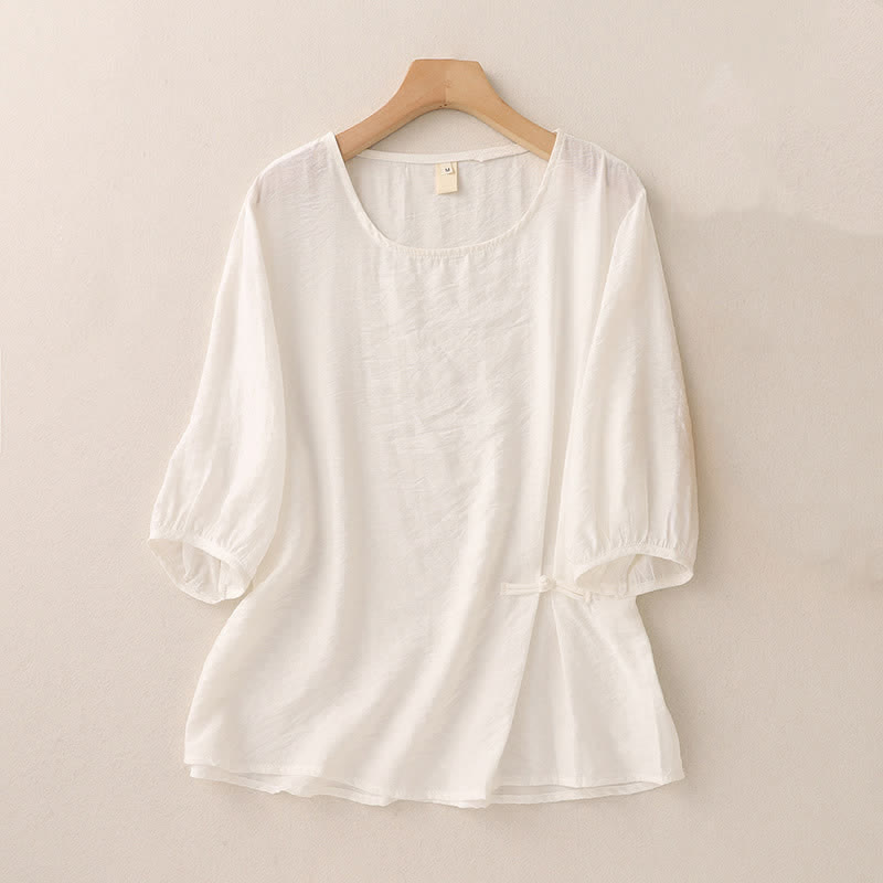 Buddha Stones Solid Color Frog-Button Design Puff Short Sleeve Women's T-Shirt - White - US8-10,UK/AU12-14,EU40-42 (2XL) - image 6