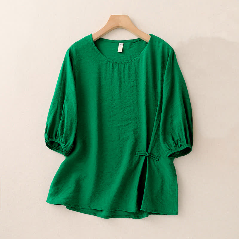 Buddha Stones Solid Color Frog-Button Design Puff Short Sleeve Women's T-Shirt - Green - US8-10,UK/AU12-14,EU40-42 (2XL) - image 0