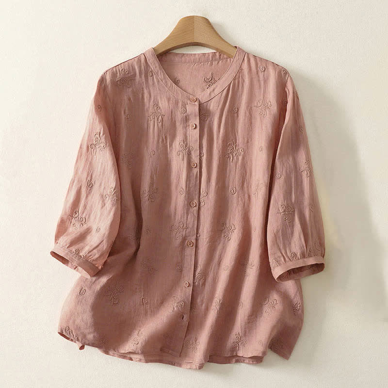 Buddha Stones Retro Embroidered Floral Short Sleeve Women's Buttons Shirt - DarkSalmon - US8-10,UK/AU12-14,EU40-42 (2XL) - image 4