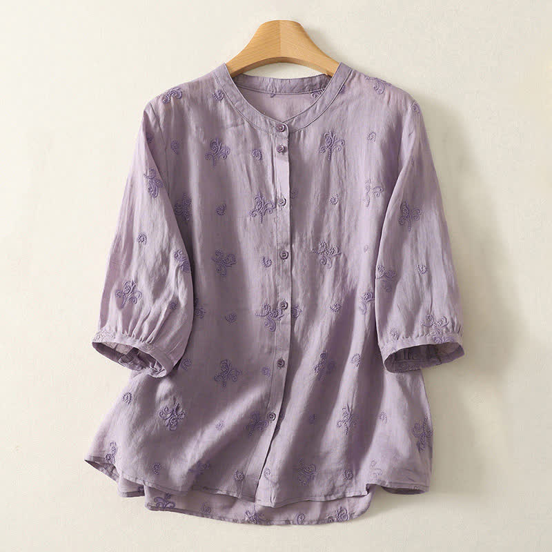 Buddha Stones Retro Embroidered Floral Short Sleeve Women's Buttons Shirt - MediumPurple - US8-10,UK/AU12-14,EU40-42 (2XL) - image 0