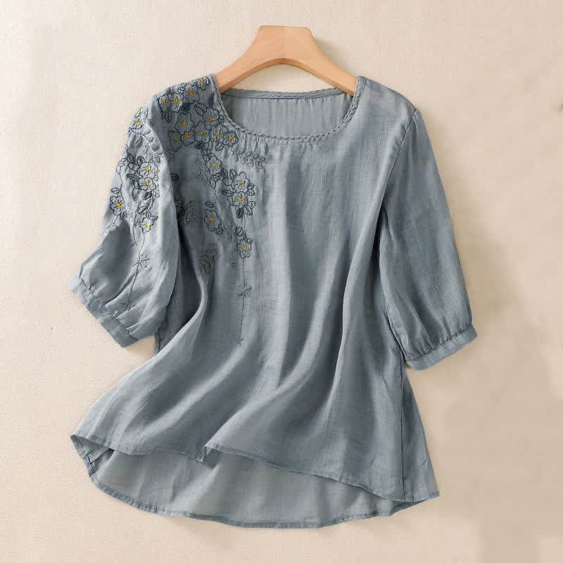 Buddha Stones Retro Embroidery Floral Pattern Short Sleeve Crew Neck Women's Shirt - LightSteelBlue - US8-10,UK/AU12-14,EU40-42 (2XL) - image 7