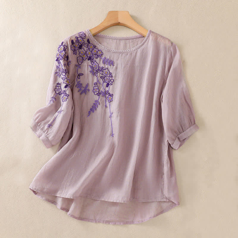 Buddha Stones Retro Embroidery Floral Pattern Short Sleeve Crew Neck Women's Shirt - Plum - US8-10,UK/AU12-14,EU40-42 (2XL) - image 24