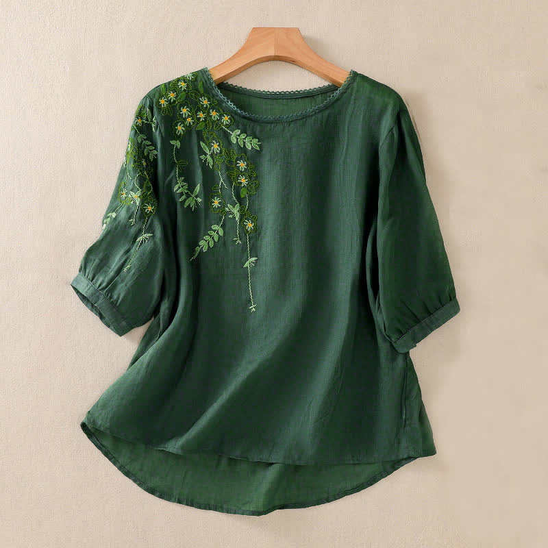 Buddha Stones Retro Embroidery Floral Pattern Short Sleeve Crew Neck Women's Shirt - DarkGreen - US8-10,UK/AU12-14,EU40-42 (2XL) - image 0