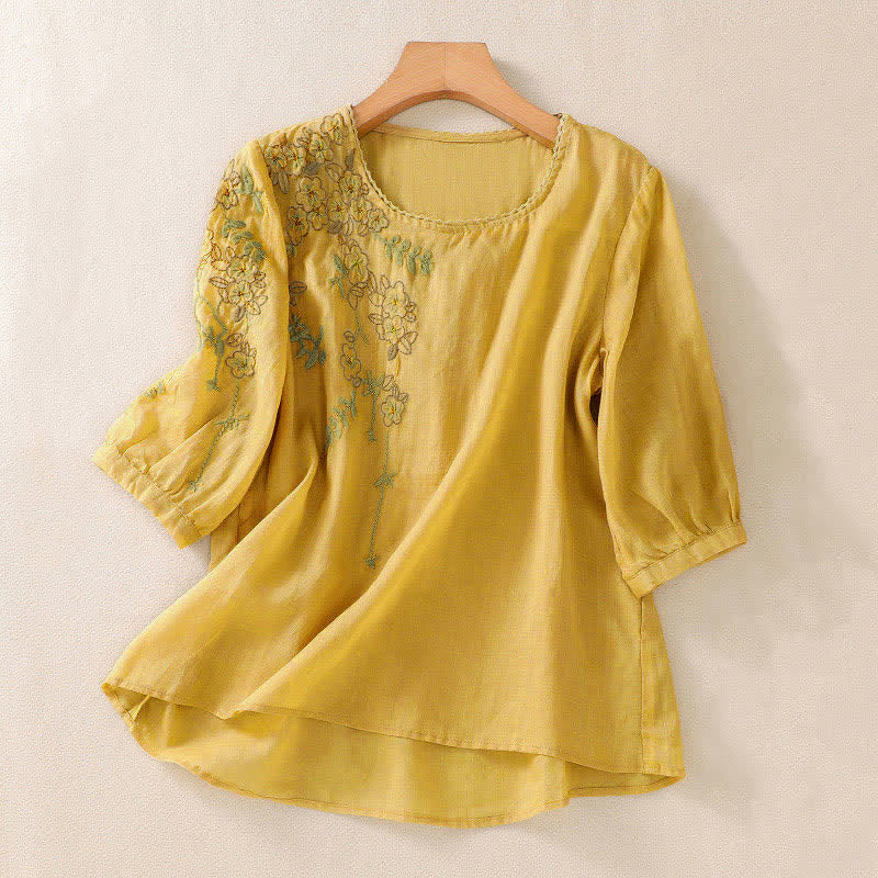 Buddha Stones Retro Embroidery Floral Pattern Short Sleeve Crew Neck Women's Shirt - Gold - US8-10,UK/AU12-14,EU40-42 (2XL) - image 14