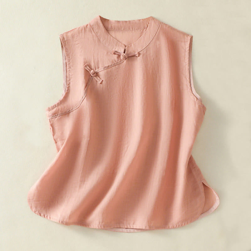 Buddha Stones Summer Retro Plain Frog-Button Stand Collar Women's Sleeveless Vest - LightSalmon - US12,UK/AU16,EU44 (2XL) - image 0