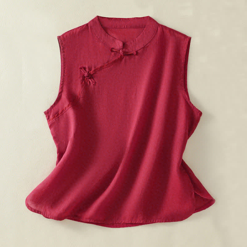 Buddha Stones Summer Retro Plain Frog-Button Stand Collar Women's Sleeveless Vest - Crimson - US12,UK/AU16,EU44 (2XL) - image 7