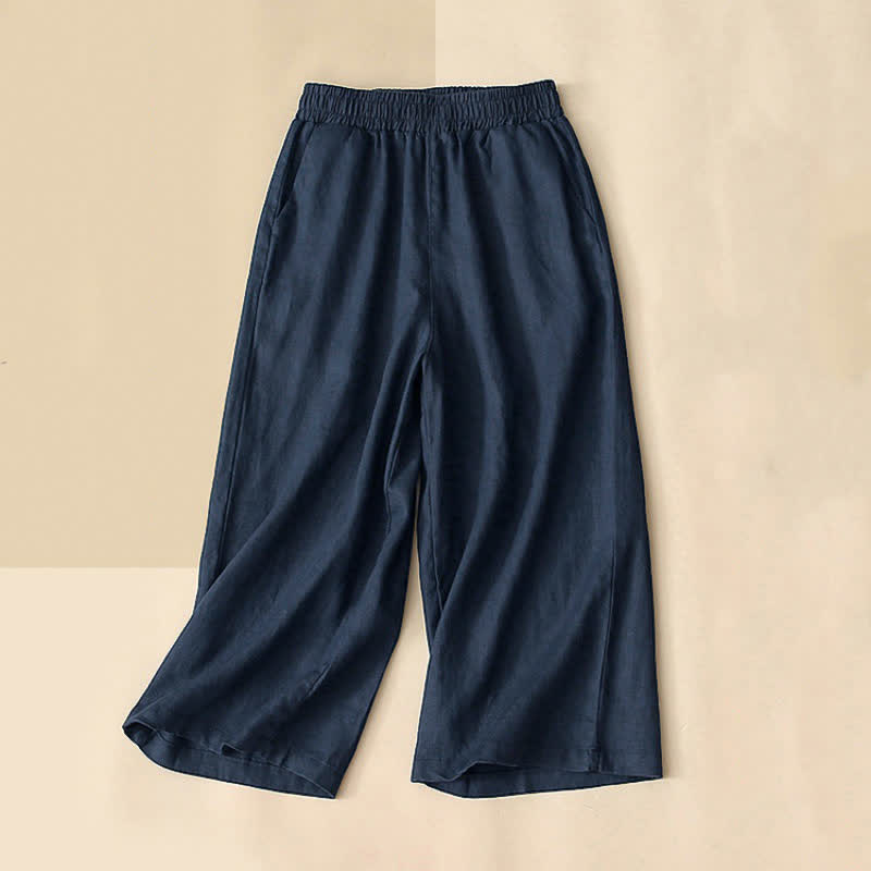 Buddha Stones High Waist Capri Cropped Women's Wide Leg Cotton Pants With Pockets - DarkBlue - US8-10,UK/AU12-14,EU40-42 (2XL) - image 9