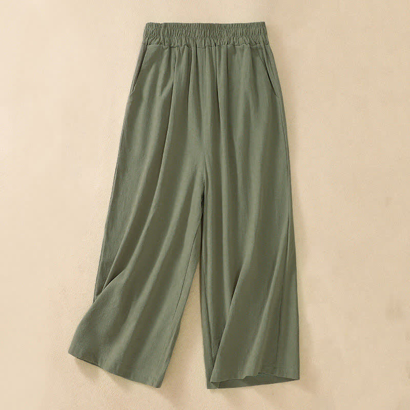Buddha Stones High Waist Capri Cropped Women's Wide Leg Cotton Pants With Pockets - DarkSeaGreen - US8-10,UK/AU12-14,EU40-42 (2XL) - image 11