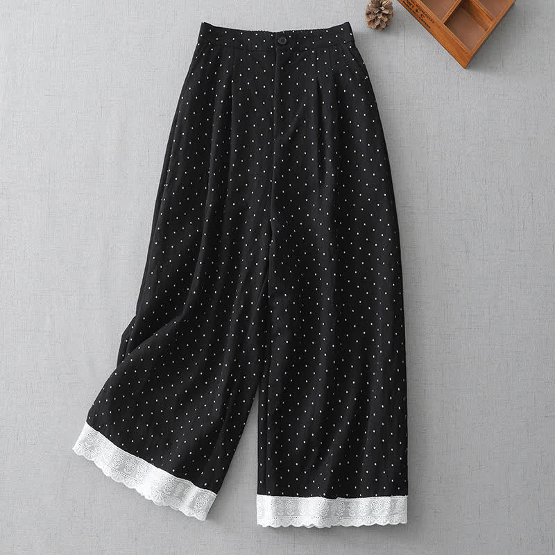 Buddha Stones Polka Dot Lace Patchwork Cotton Women's Wide Leg Capri Pants With Pockets - Black - US8-10,UK/AU12-14,EU40-42 (2XL) - image 0
