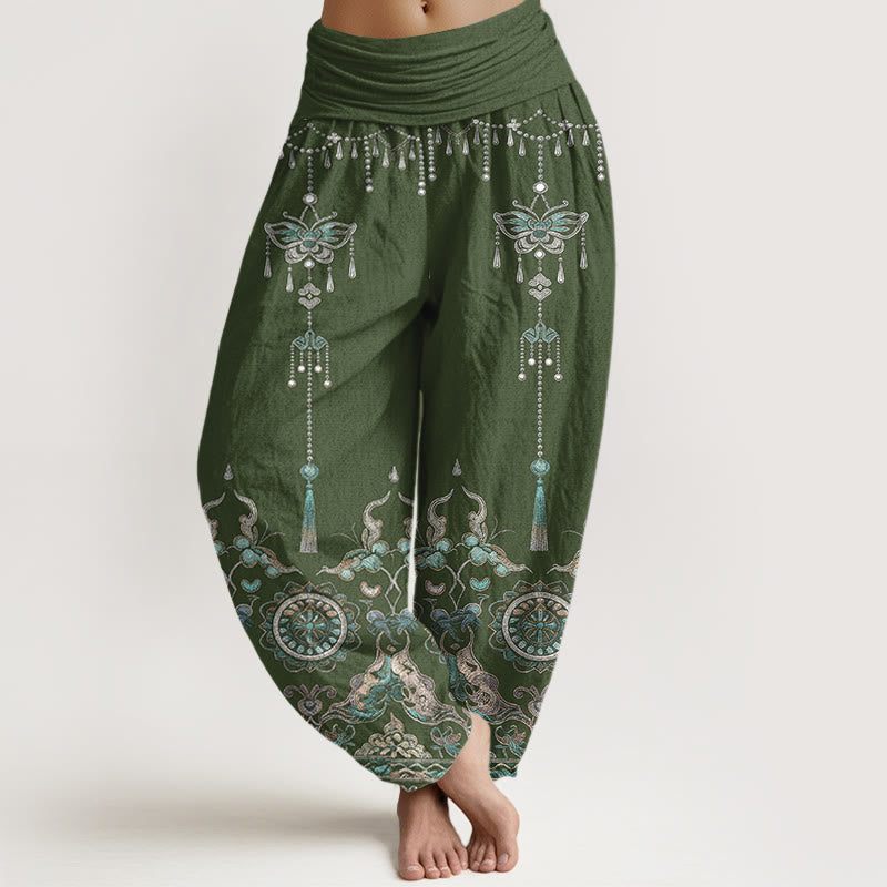 Buddha Stones Cotton Classic Jewelry Butterfly Flower Tassel Pattern Women's Elastic Waist Harem Pants - DarkSeaGreen - US16,UK/AU20,EU48 (3XL) - image 0