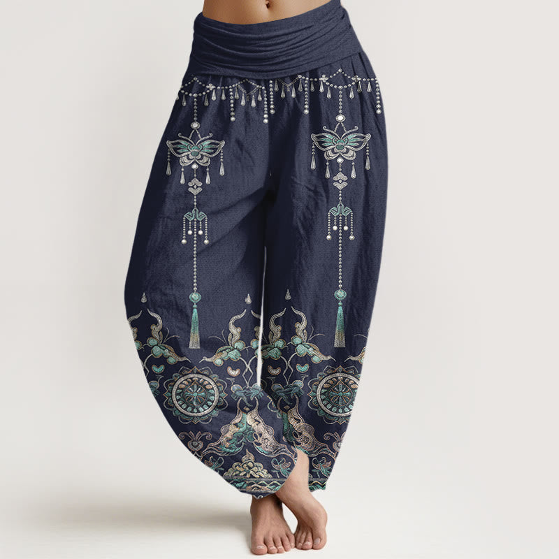Buddha Stones Cotton Classic Jewelry Butterfly Flower Tassel Pattern Women's Elastic Waist Harem Pants - SteelBlue - US16,UK/AU20,EU48 (3XL) - image 5