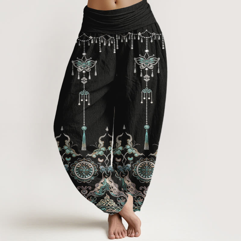 Buddha Stones Cotton Classic Jewelry Butterfly Flower Tassel Pattern Women's Elastic Waist Harem Pants - Black - US16,UK/AU20,EU48 (3XL) - image 8