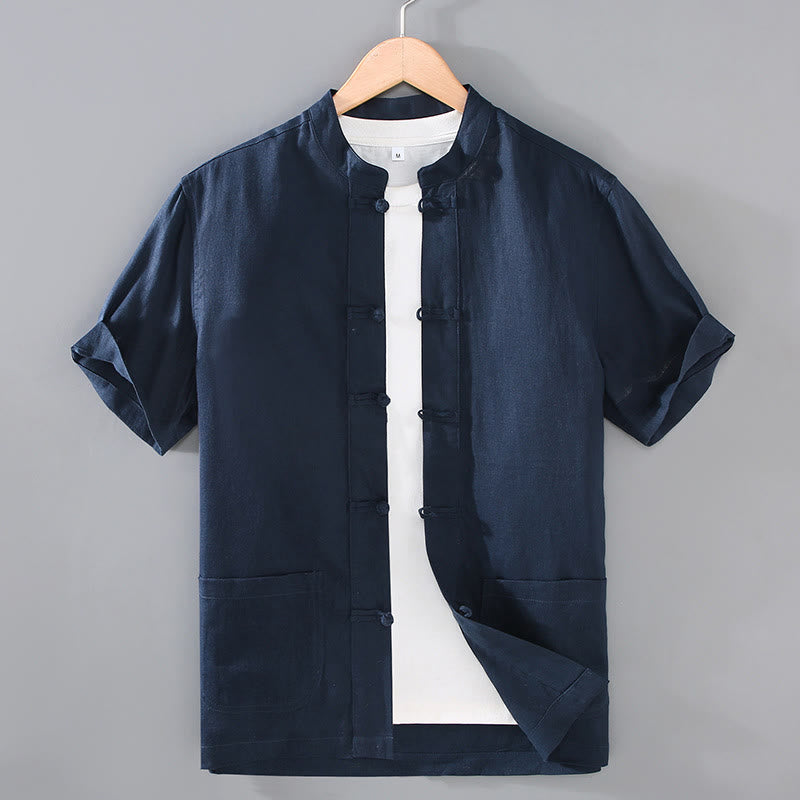 Buddha Stones Vintage Plain Tang Suit Chinese Frog-Button Men's Shirt With Pockets - MidnightBlue - US/UK/AU46,EU56 (5XL) - image 9