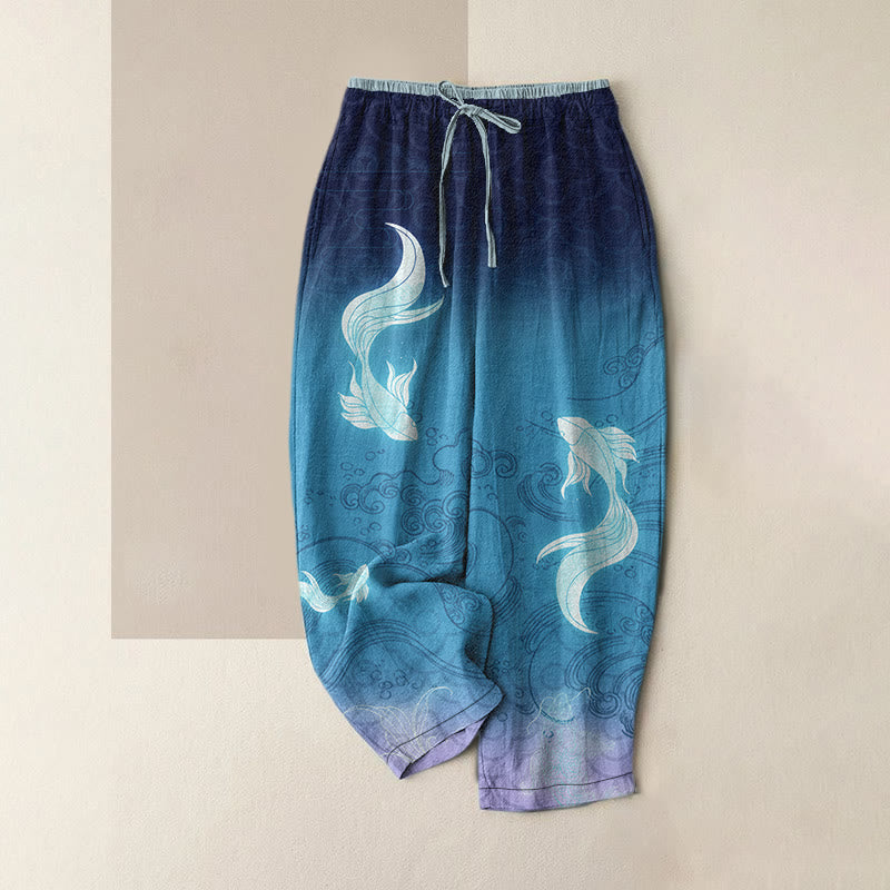 Buddha Stones Pure Cotton Koi Fish Wave Pattern Women's Elastic Waist Pants With Pockets - DarkBlue - US16,UK/AU20,EU48 (3XL) - image 0