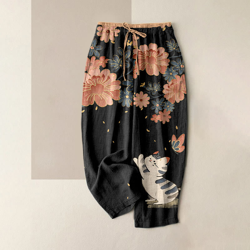 Buddha Stones Pure Cotton Cat Butterfly Pink Blossom Pattern Women's Elastic Waist Pants With Pockets - Black - US16,UK/AU20,EU48 (3XL) - image 0
