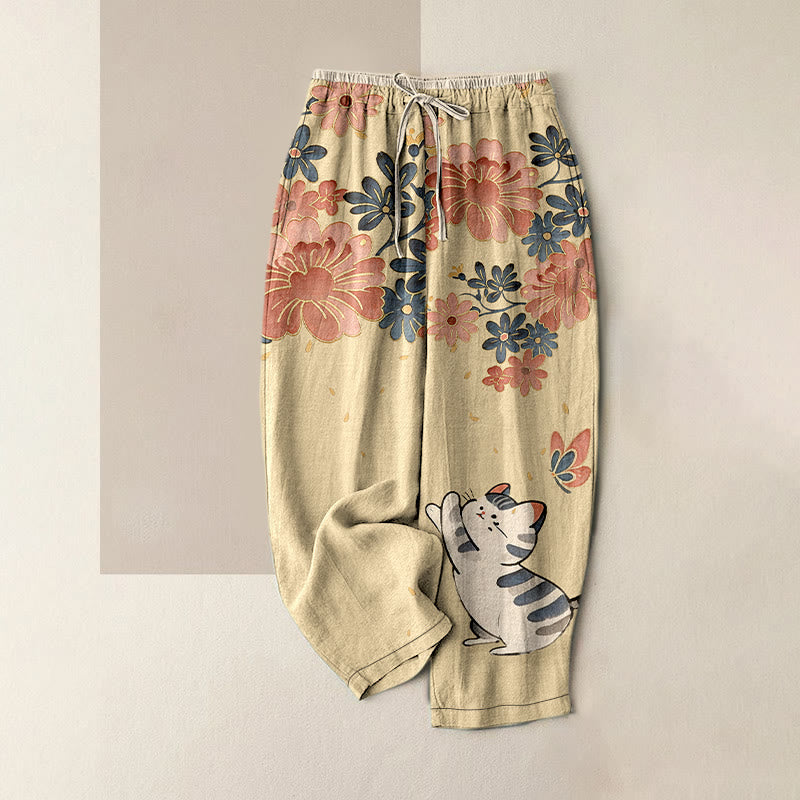 Buddha Stones Pure Cotton Cat Butterfly Pink Blossom Pattern Women's Elastic Waist Pants With Pockets - PaleGoldenrod - US16,UK/AU20,EU48 (3XL) - image 4