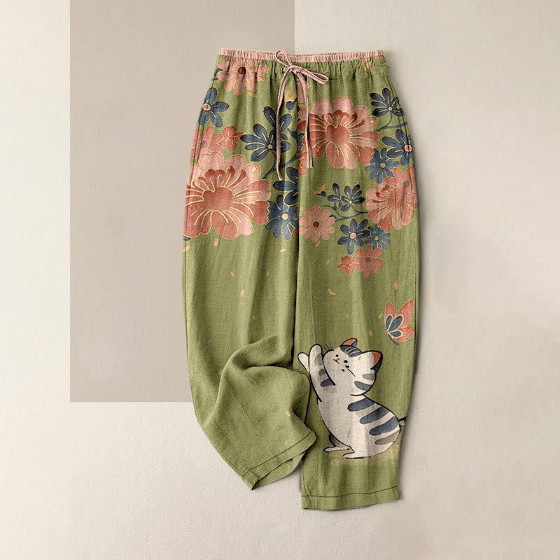 Buddha Stones Pure Cotton Cat Butterfly Pink Blossom Pattern Women's Elastic Waist Pants With Pockets - OliveDrab - US16,UK/AU20,EU48 (3XL) - image 5