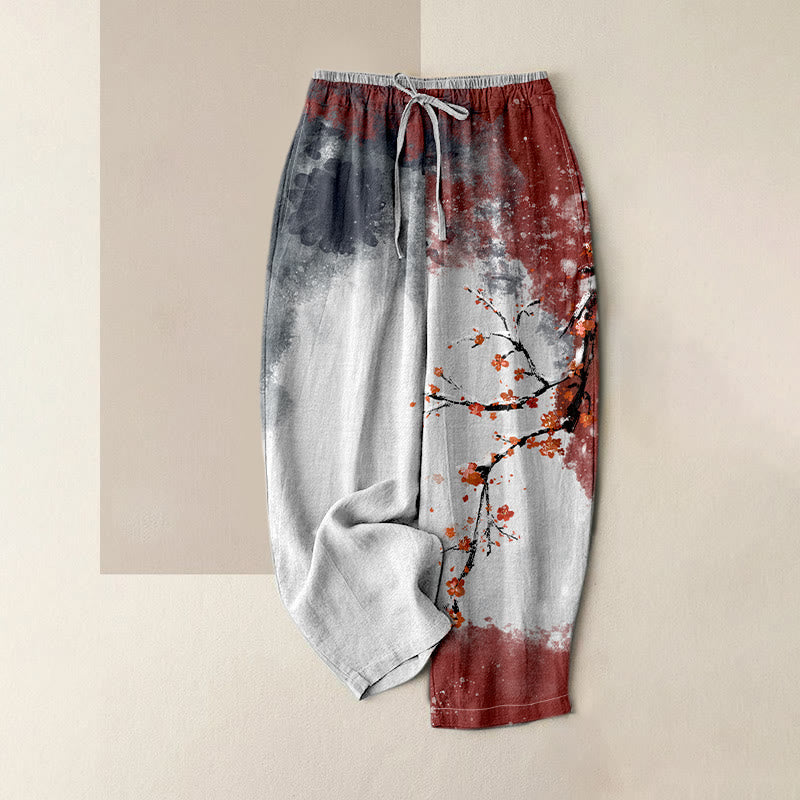 Buddha Stones Pure Cotton Plum Blossom Snow Pattern Women's Elastic Waist Pants With Pockets - SlateGray - US16,UK/AU20,EU48 (3XL) - image 0