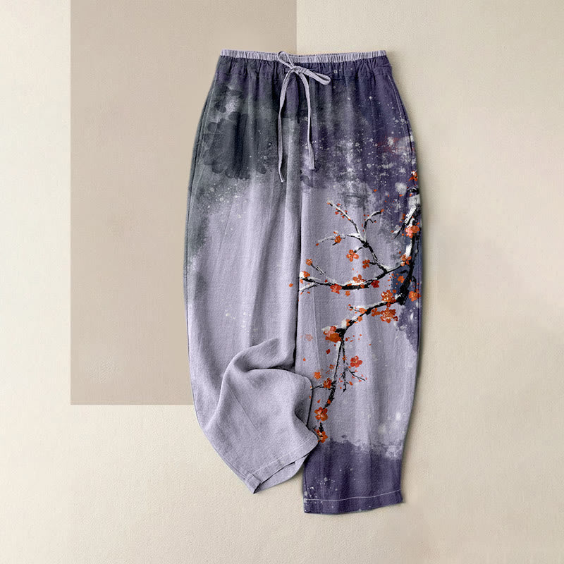 Buddha Stones Pure Cotton Plum Blossom Snow Pattern Women's Elastic Waist Pants With Pockets - Lavender - US16,UK/AU20,EU48 (3XL) - image 3