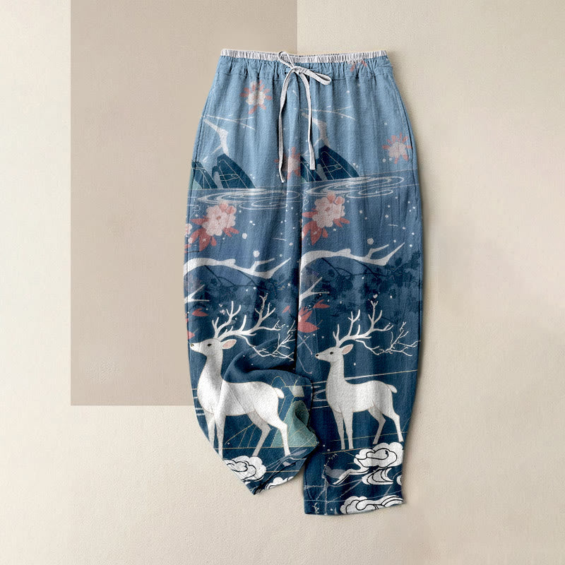 Buddha Stones Pure Cotton Pink Blossom Deer Mountain Pattern Women's Elastic Waist Pants With Pockets - SteelBlue - US16,UK/AU20,EU48 (3XL) - image 0