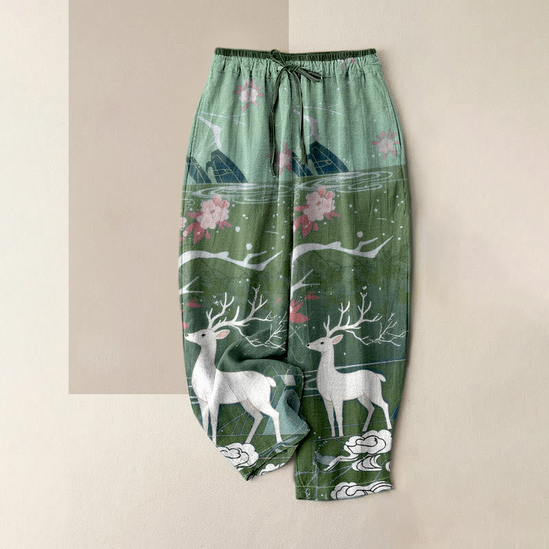 Buddha Stones Pure Cotton Pink Blossom Deer Mountain Pattern Women's Elastic Waist Pants With Pockets - DarkSeaGreen - US16,UK/AU20,EU48 (3XL) - image 3