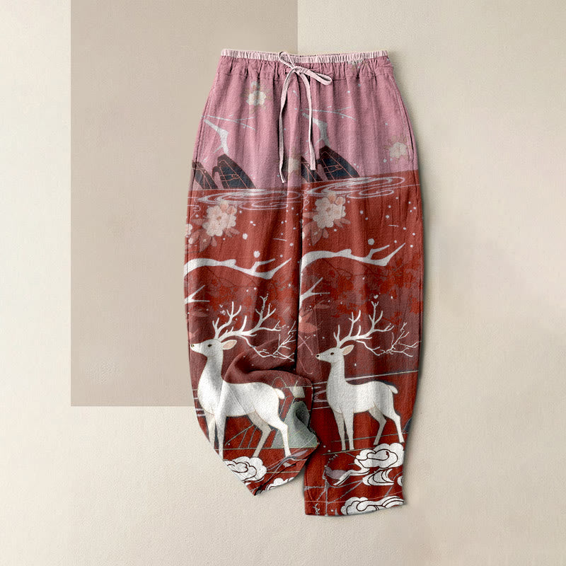 Buddha Stones Pure Cotton Pink Blossom Deer Mountain Pattern Women's Elastic Waist Pants With Pockets - FireBrick - US16,UK/AU20,EU48 (3XL) - image 6