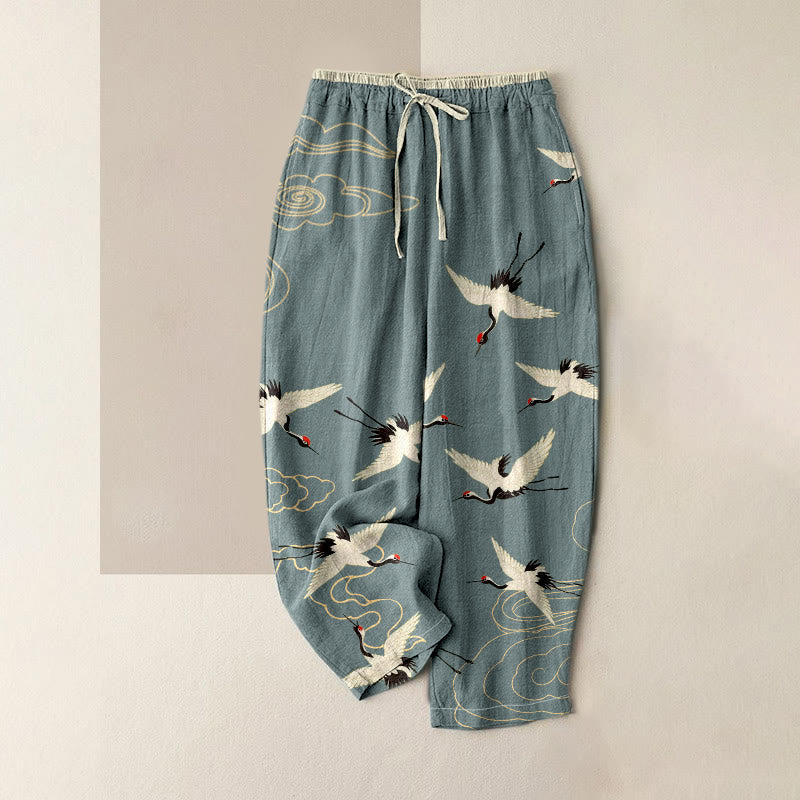 Buddha Stones Pure Cotton Crane Cloud Pattern Women's Elastic Waist Pants With Pockets - LightSlateGray - US16,UK/AU20,EU48 (3XL) - image 3