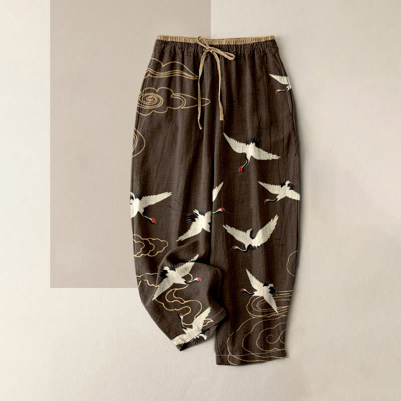 Buddha Stones Pure Cotton Crane Cloud Pattern Women's Elastic Waist Pants With Pockets - SaddleBrown - US16,UK/AU20,EU48 (3XL) - image 4