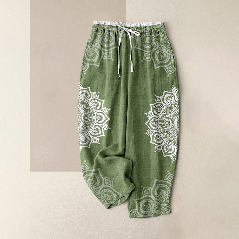 Buddha Stones Pure Cotton Mandala Pattern Women's Elastic Waist Pants With Pockets - DarkSeaGreen - US16,UK/AU20,EU48 (3XL) - image 6