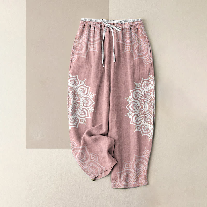 Buddha Stones Pure Cotton Mandala Pattern Women's Elastic Waist Pants With Pockets - LightPink - US16,UK/AU20,EU48 (3XL) - image 0