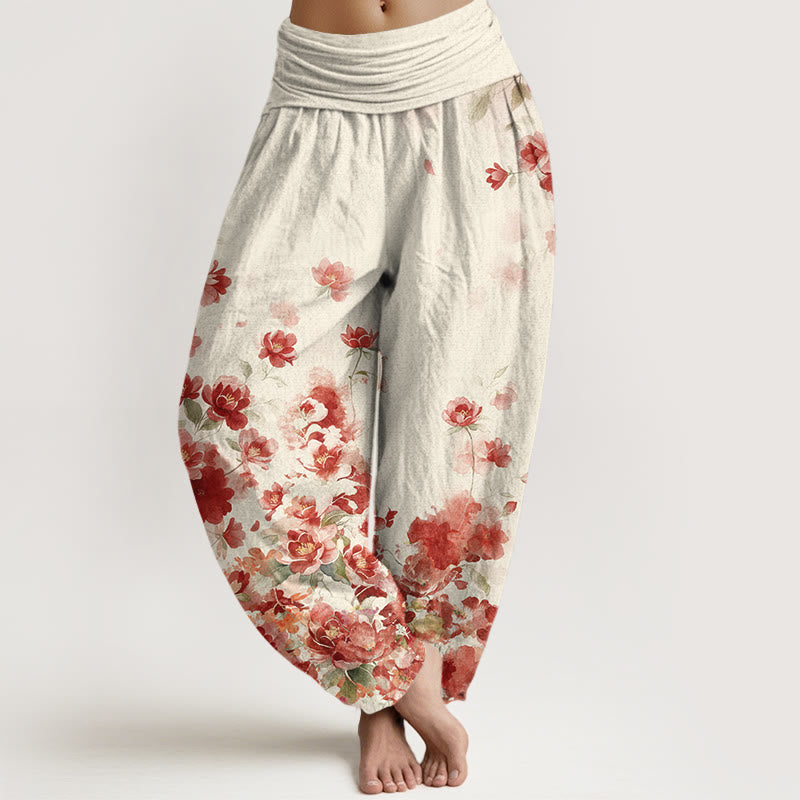 Buddha Stones Cotton Camellia Peony Blossom Pattern Women's Elastic Waist Harem Pants - FloralWhite - US16,UK/AU20,EU48 (3XL) - image 0