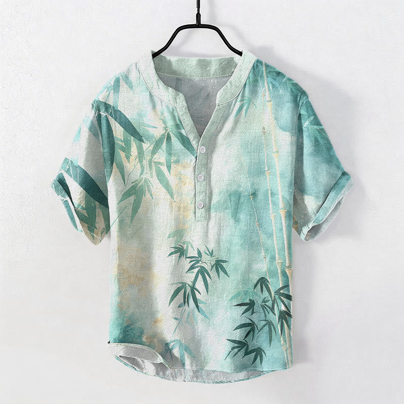 Buddha Stones Cotton Bamboo Pattern Men's Short Sleeve Half Button Shirt - MediumTurquoise - US/UK/AU50,EU60 (5XL) - image 4