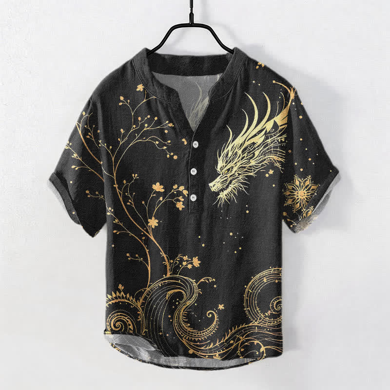 Buddha Stones Cotton Wave Dragon Flower Pattern Men's Short Sleeve Half Button Shirt - Black - US/UK/AU50,EU60 (5XL) - image 0