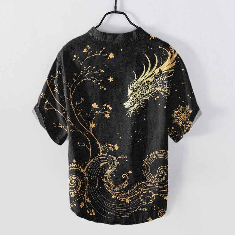 Buddha Stones Cotton Wave Dragon Flower Pattern Men's Short Sleeve Half Button Shirt - image 1