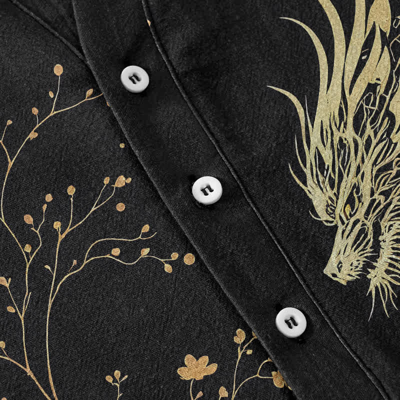 Buddha Stones Cotton Wave Dragon Flower Pattern Men's Short Sleeve Half Button Shirt - image 3