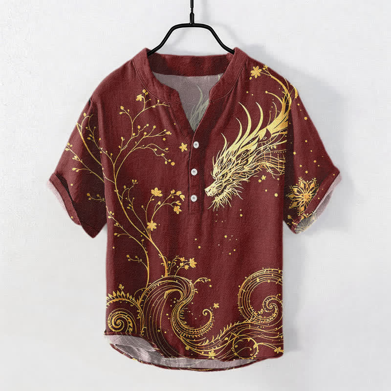 Buddha Stones Cotton Wave Dragon Flower Pattern Men's Short Sleeve Half Button Shirt - FireBrick - US/UK/AU50,EU60 (5XL) - image 7