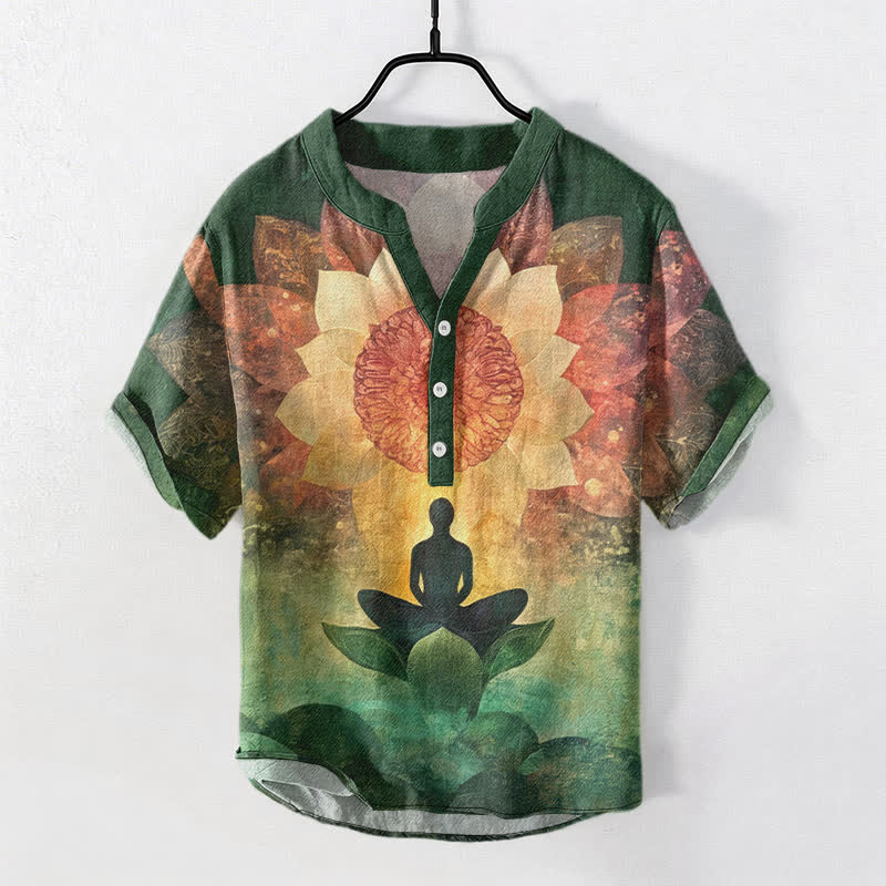 Buddha Stones Cotton Lotus Meditating Figure Pattern Men's Short Sleeve Half Button Shirt - SeaGreen - US/UK/AU50,EU60 (5XL) - image 0