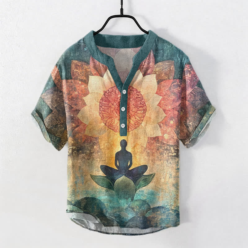 Buddha Stones Cotton Lotus Meditating Figure Pattern Men's Short Sleeve Half Button Shirt - LightSeaGreen - US/UK/AU50,EU60 (5XL) - image 7
