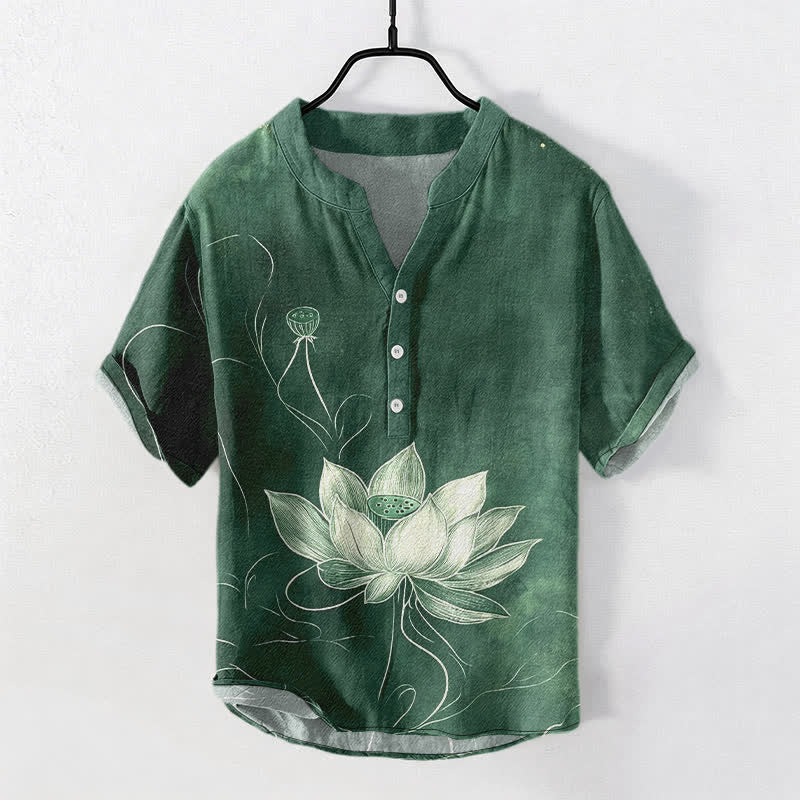 Buddha Stones Cotton Lotus Pattern Men's Short Sleeve Half Button Shirt - MediumSeaGreen - US/UK/AU50,EU60 (5XL) - image 0