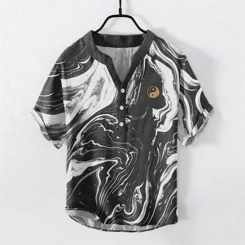 Buddha Stones Cotton Tai Chi Pattern Men's Short Sleeve Half Button Shirt - Black - US/UK/AU50,EU60 (5XL) - image 0